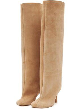 Women's Nude Faux Suede Square Knee High Toe Stiletto Heel Wide Calf Tall Boots